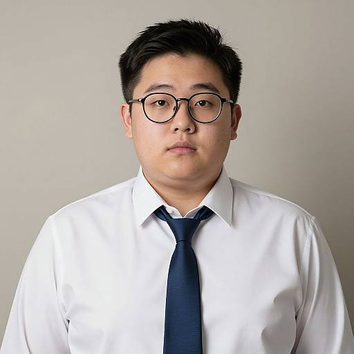 Photograph of an Asian man with short black hair, glasses, white shirt, and dark tie, standing against a plain gray background.