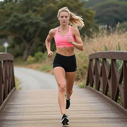 Dynamic Fit Woman Running on Bridge