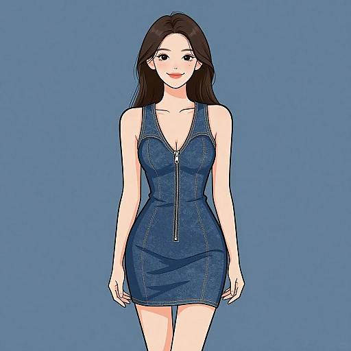 Digital anime-style drawing of a fair-skinned woman with long black hair, wearing a blue denim dress with a front zipper, against a solid blue background