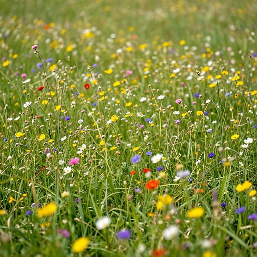 Photograph of a vibrant meadow filled with colorful wildflowers, including yellow, white, red, and blue blossoms, set against lush green grass