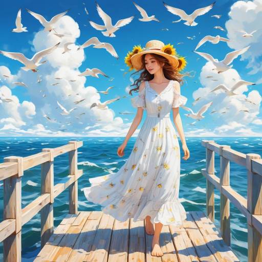 Young Woman by the Sea in Flowing Dress