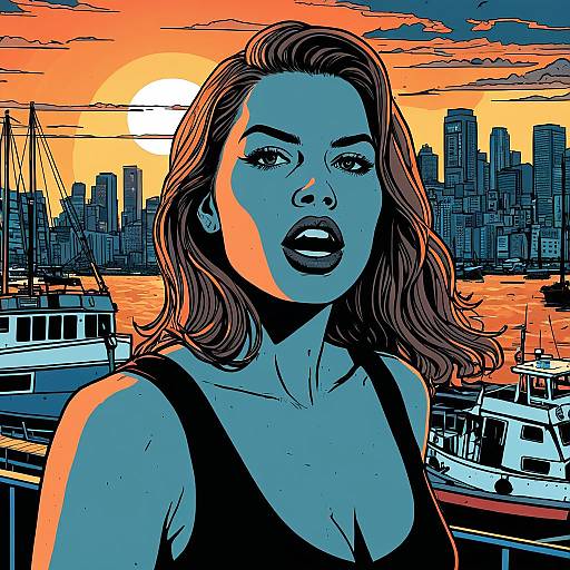 Graphic Novel Style Woman at City Harbor Sunrise