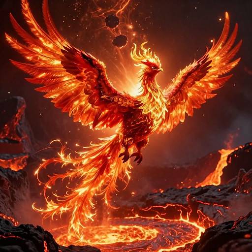 Digital artwork of a fiery, phoenix-like bird with blazing red and orange feathers soaring above a molten lava landscape.