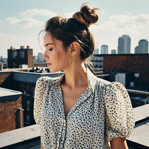 Loose Bun Hairstyle on Rooftop