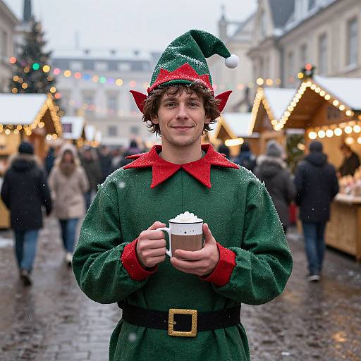 Man in Handmade Elf Costume at Festive Market