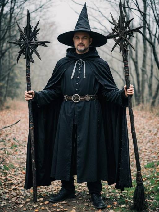 Man in Modern Witch Costume with Staffs