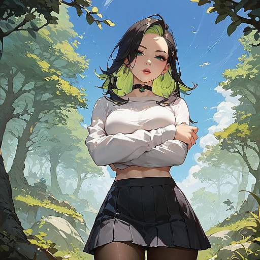 Anime Girl with Multicolored Hair Outdoors