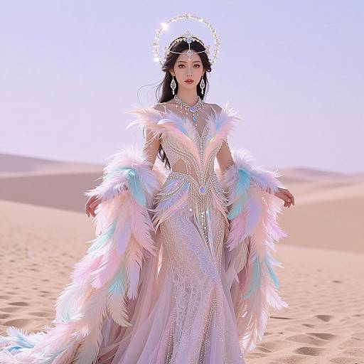 Digital artwork of an Asian woman in a shimmering, pastel-colored, feathered gown standing in a desert, halo above her head.