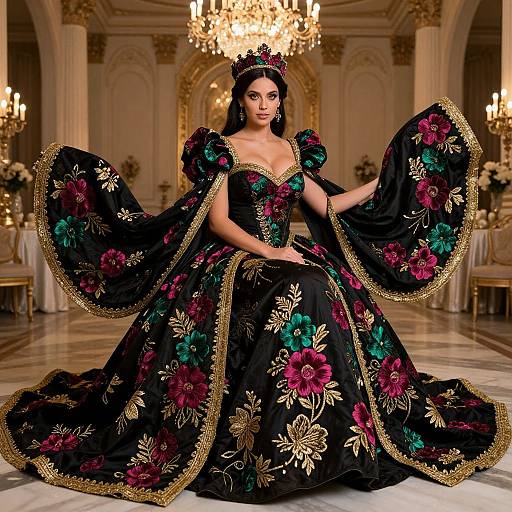 Regal Woman in Majestic Floral Gown