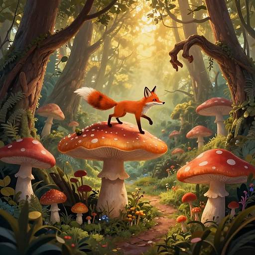 Digital fantasy artwork: Vibrant red fox standing on a red-spotted mushroom in a sunlit, enchanted forest with towering trees and numerous mushrooms.