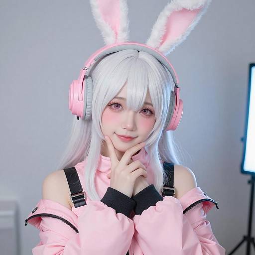 Anime Cosplayer with Pink Bunny Headphones