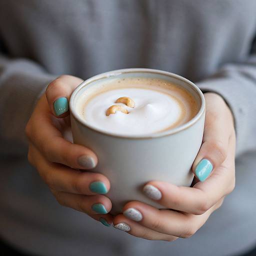 Photograph of hands with teal and silver nail polish holding a lit white cup of frothy coffee, wearing a gray sweater.