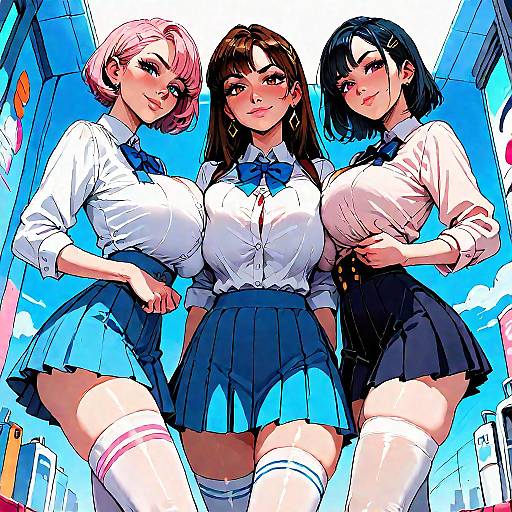 Three Anime Schoolgirls in Skirts with Thigh-Highs