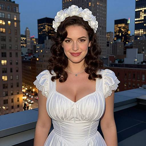 Photograph of a smiling woman with curly dark hair, wearing a white floral headband, white dress with lace sleeves, and necklace, standing on a