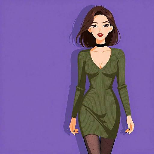 Digital illustration of a confident woman with short dark brown hair, wearing a green ribbed dress, black choker, and polka-dot tights,
