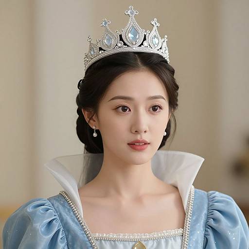 Photograph of an Asian woman with fair skin, wearing a silver tiara, blue princess dress with puffed sleeves, and white ruffled collar.