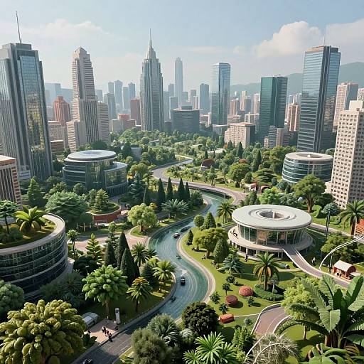 Digital CGI of a futuristic cityscape with tall, glass skyscrapers, lush green parks, winding roads, and modern circular buildings. Bright blue sky