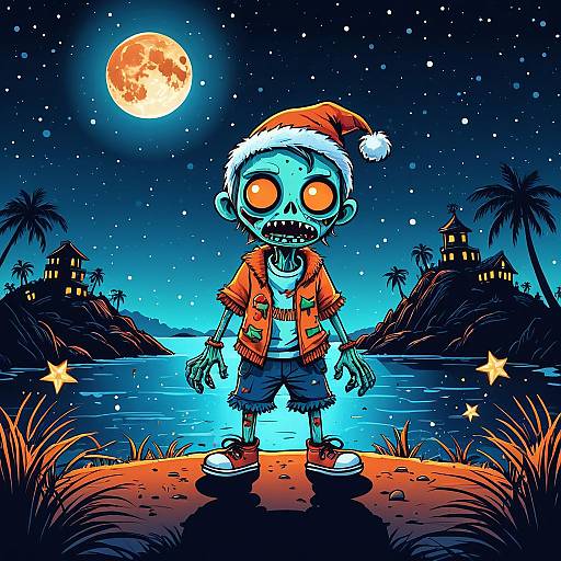 Cute Zombie in Christmas Clothes on Night Island