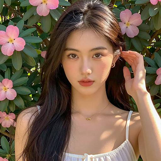 Young Woman in Sunlit Floral Setting