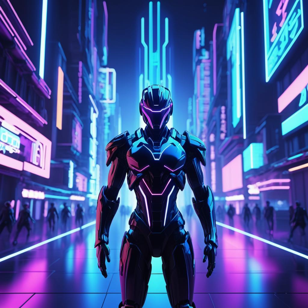 Neon Cybernetic Humanoid in Sci-Fi City