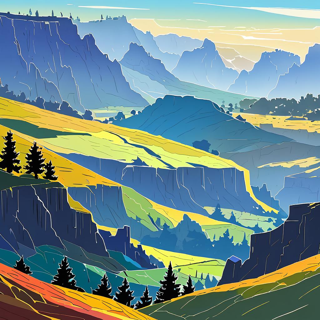 Vibrant Toon Rendering of Misty Foothills