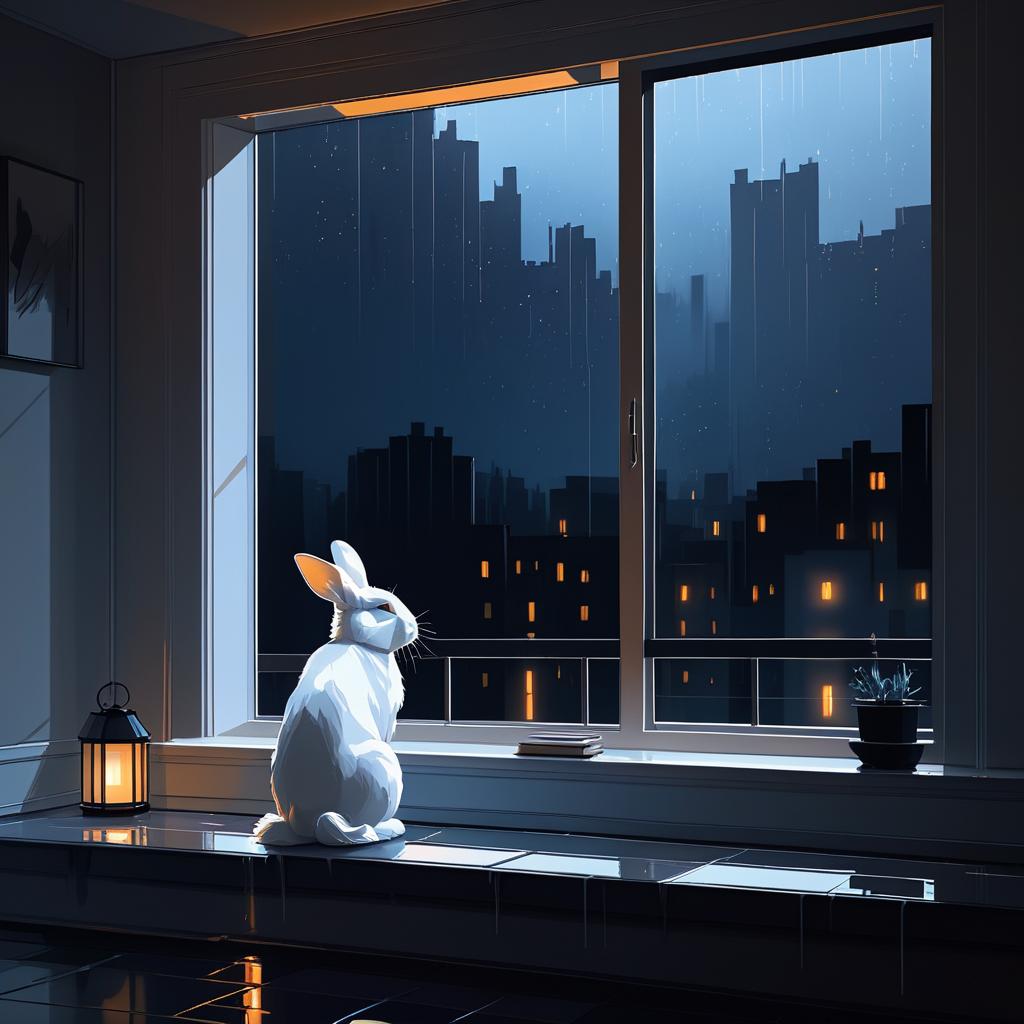 Melancholic Rabbit by Rainy Window