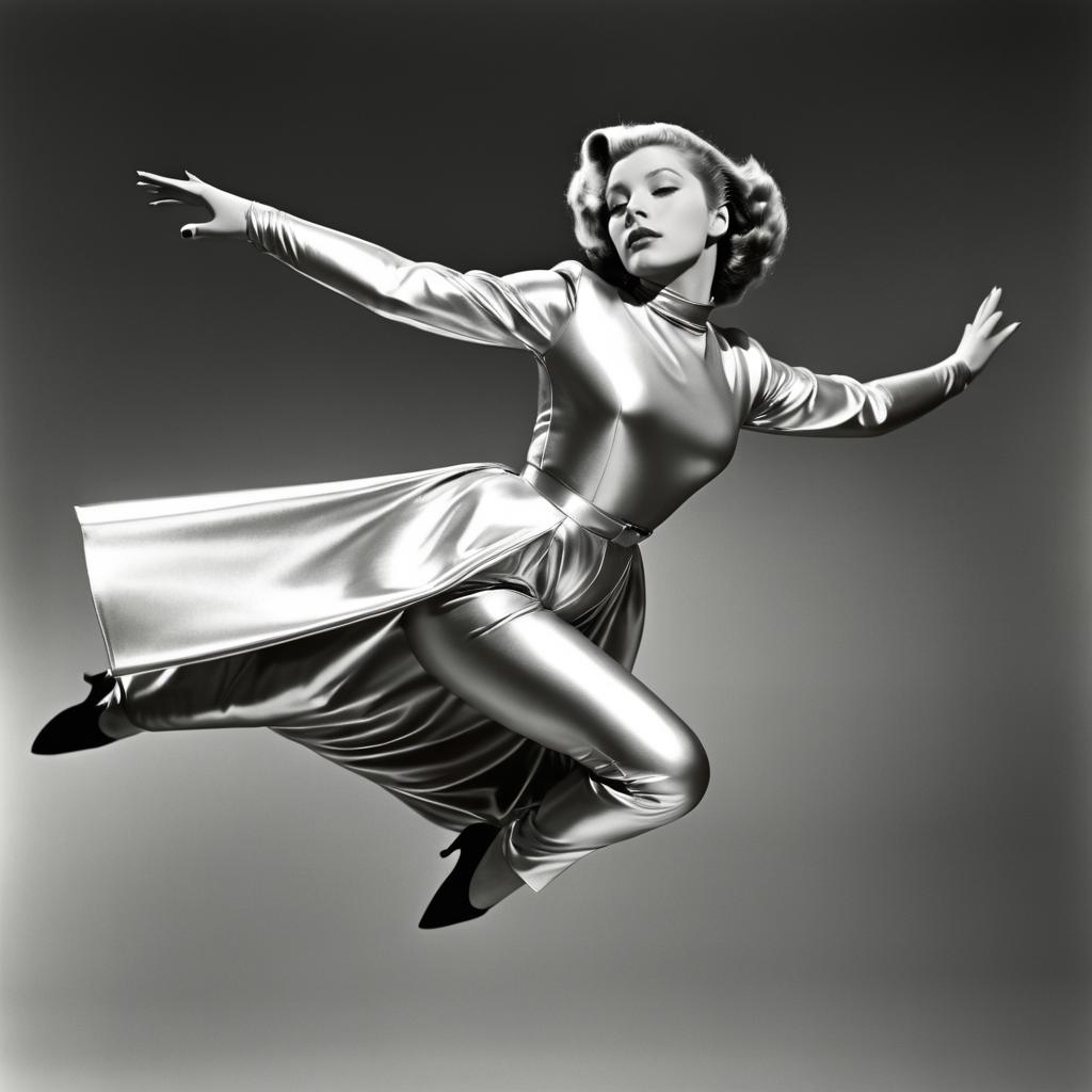 Woman in Silver Outfit Soaring Through Air