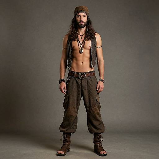 Photograph of a muscular, bearded man with long black hair, wearing a brown headband, necklace, armband, and brown cargo pants