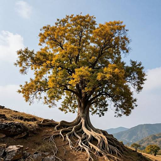Photograph of a solitary tree with golden-yellow leaves, prominent exposed roots, standing on a hillside under a clear blue sky.