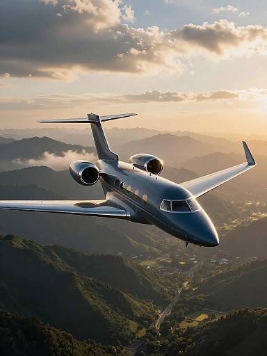 Golden Hour Business Jet Over Mountains