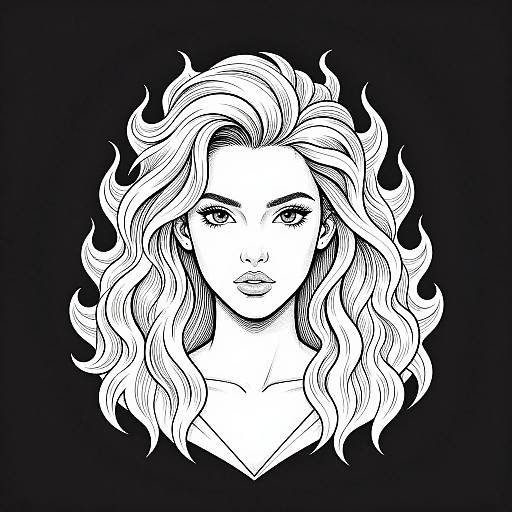 Monochrome digital drawing of a woman with wavy hair, sharp eyebrows, and detailed facial features, against a solid black background.