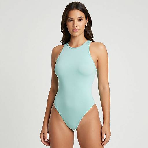 Photograph of a woman with medium brown skin, long black hair, wearing a light blue, high-cut, sleeveless swimsuit, standing against a