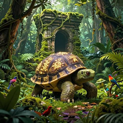 Digital art of a detailed, ornate turtle with gold patterns in a lush, enchanted forest, surrounded by vibrant birds and moss-covered ruins.