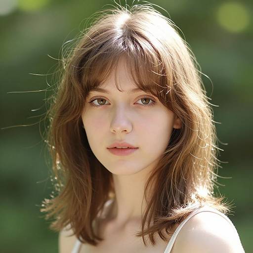 Photograph of a young woman with fair skin, brown shoulder-length hair, and green eyes, wearing a white top, sunlight highlighting her face, with