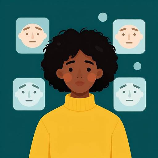 Digital illustration of a black woman with curly hair, wearing a yellow turtleneck, surrounded by four white emotion icons against a dark teal background.