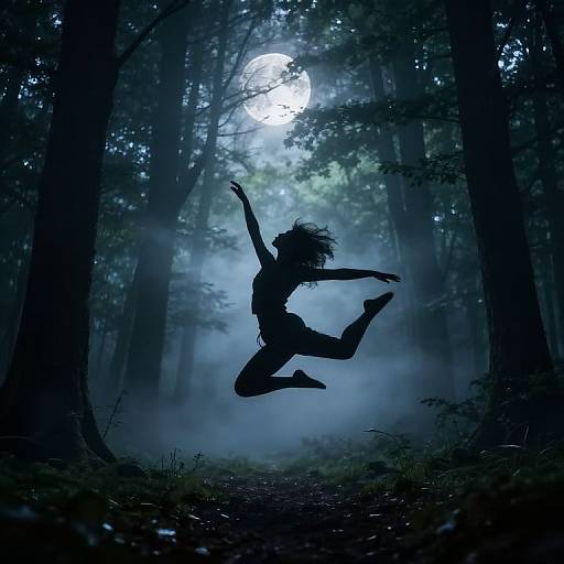 Silhouetted person dancing mid-air under a full moon in a misty, dark forest, with tall trees and eerie blue lighting. Digital artwork