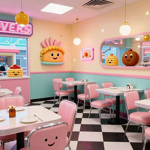 Retro diner photograph with pink smiley-face chairs, black-and-white checkered floor, pastel walls, neon 