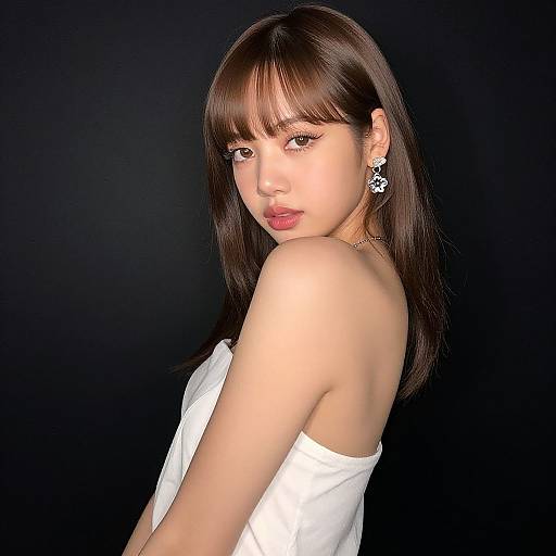 Photograph of an Asian woman with straight dark brown hair, wearing white strapless top, star-shaped earrings, and pink lipstick, looking over her shoulder