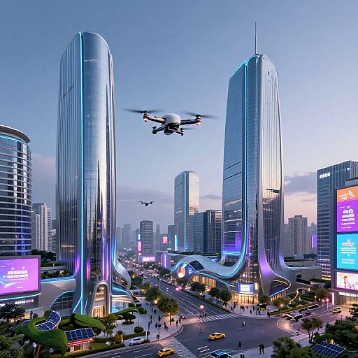 CGI image of a futuristic cityscape at dusk with two towering, curved skyscrapers, flying drones, neon lights, and bustling streets.