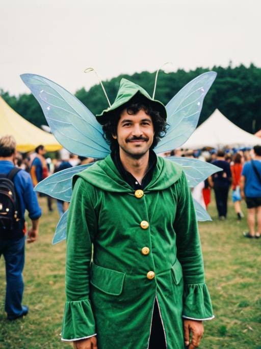 Man in Green Fairy Costume at Outdoor Festival