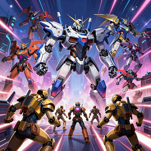 Dynamic digital artwork of colorful, glowing robots in battle stance, with bright pink and blue light beams, set in a futuristic, neon-lit environment.