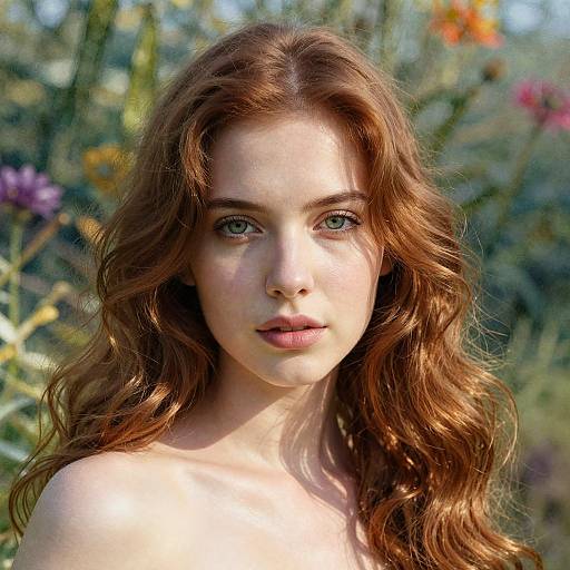 Photograph of a fair-skinned, green-eyed young woman with long, wavy auburn hair, standing in a sunlit garden, surrounded