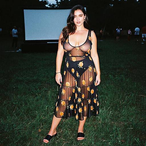 Photograph of a curvy woman with long dark hair, wearing a sheer black dress with orange sunflower patterns, standing on grass in front of a