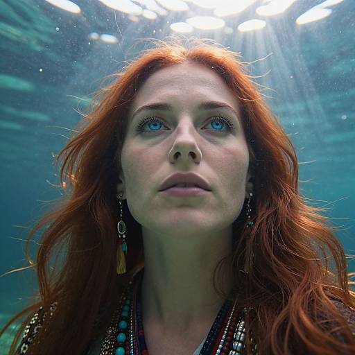 Underwater photograph of a fair-skinned woman with red hair, blue eyes, and long earrings, looking upwards with sunlight filtering through.