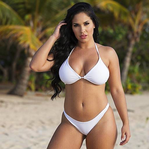 Photograph of a curvy, tan-skinned woman with long black hair, wearing a white bikini, standing on a sunlit beach with palm trees
