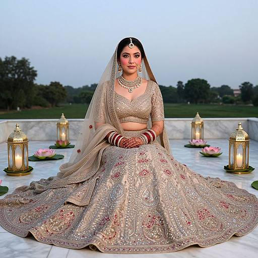 Photograph of a South Asian bride in an ornate, beige and pink embroidered lehenga, seated on a marble platform with lanterns and lotus