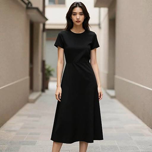 Photograph of an Asian woman with long black hair, wearing a simple black short-sleeve dress, standing in a narrow, sunlit alley.