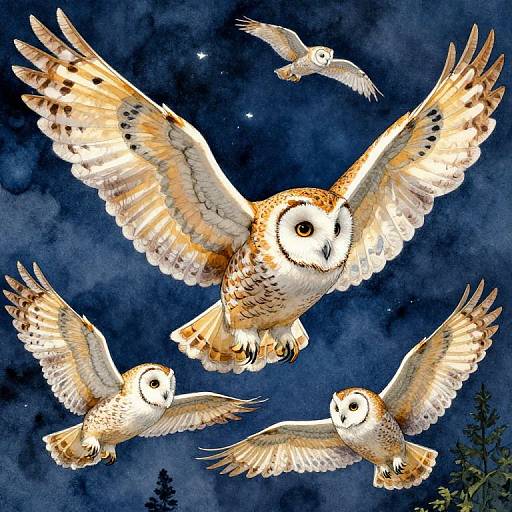 Digital illustration of five owls with outstretched wings flying against a dark, starry night sky with a forest silhouette.