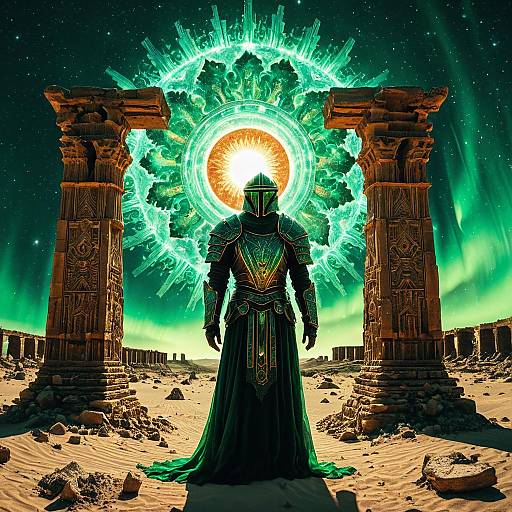 Luminous Crystalline Wanderer in Desert Ruins