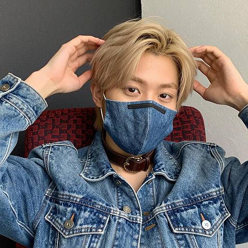 Blonde Model in Denim Mask and Jacket